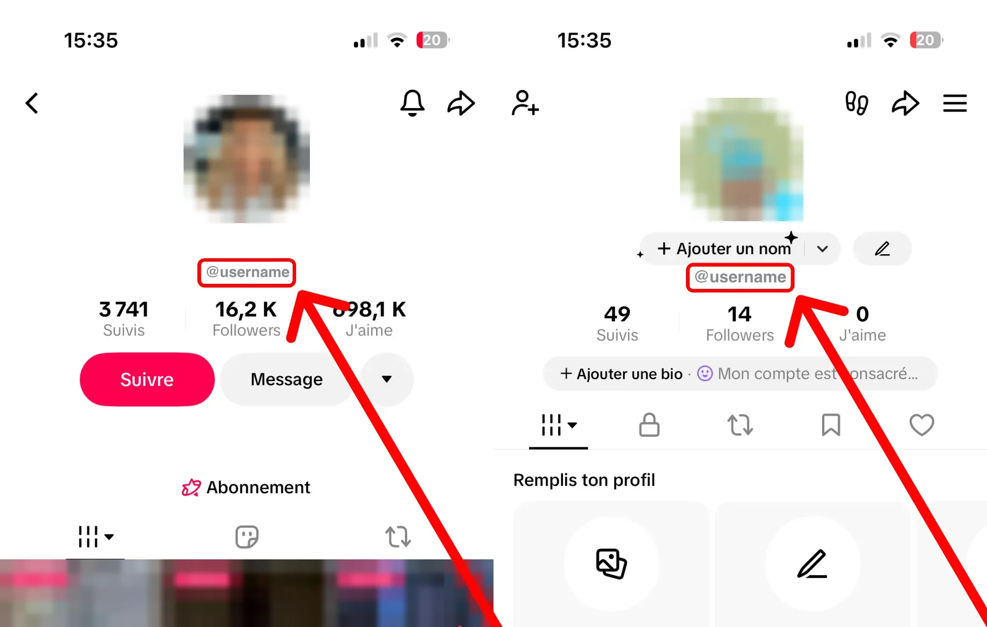 Acheter des packs TikTok : tutoriel en captures d'écran – où trouver ton nom d'utilisateur ou le lien de ton profil TikTok